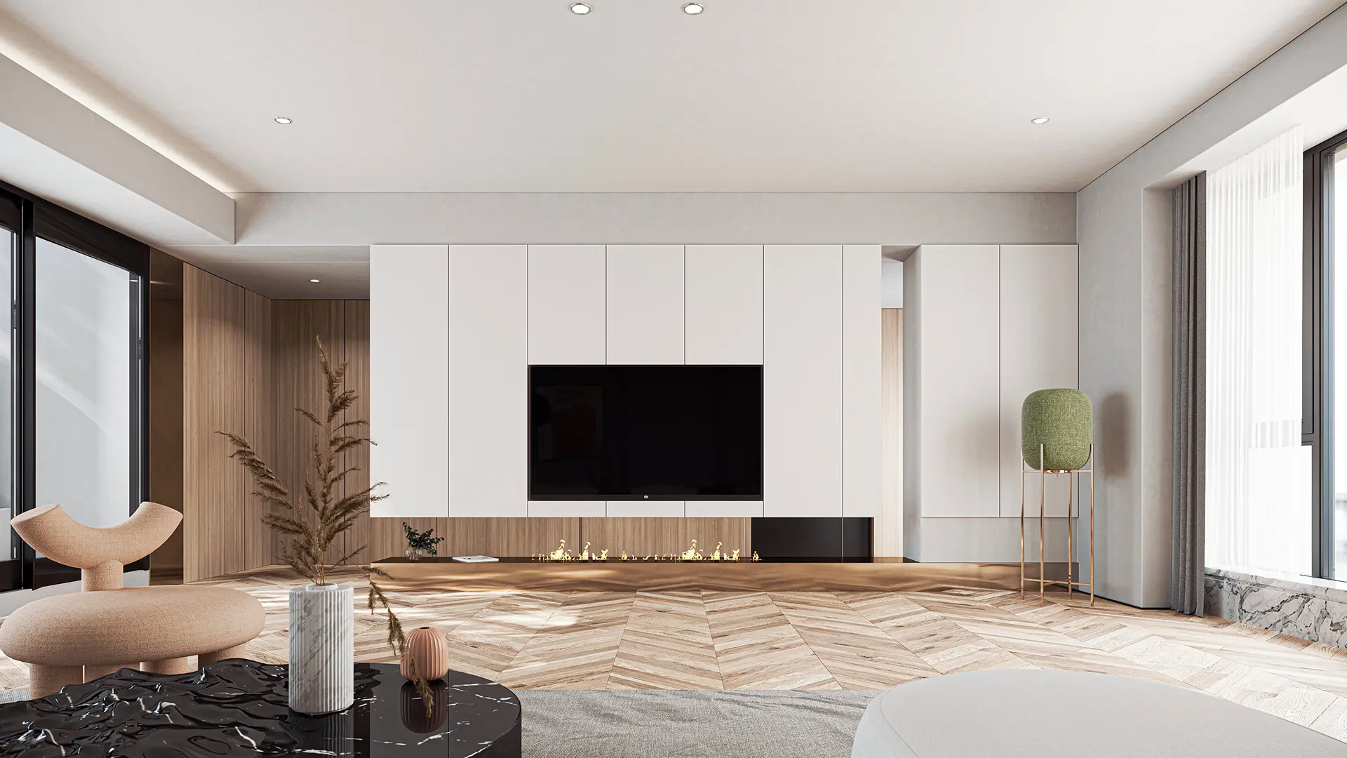 Living room with fireplace wall
